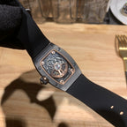 Black Richard Mille watch back with exposed mechanical movement in rectangular case