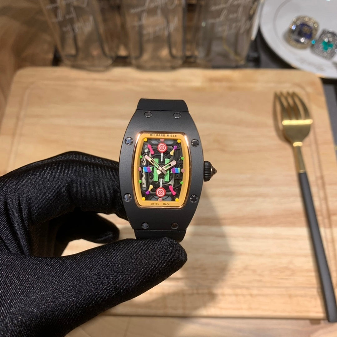 Black Richard Mille watch front view, multicolor skeleton dial on rubber strap