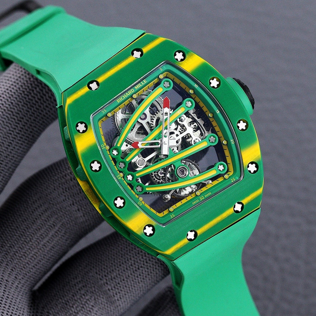 Richard Mille skeleton watch with green case, yellow trim, exposed gears, side view