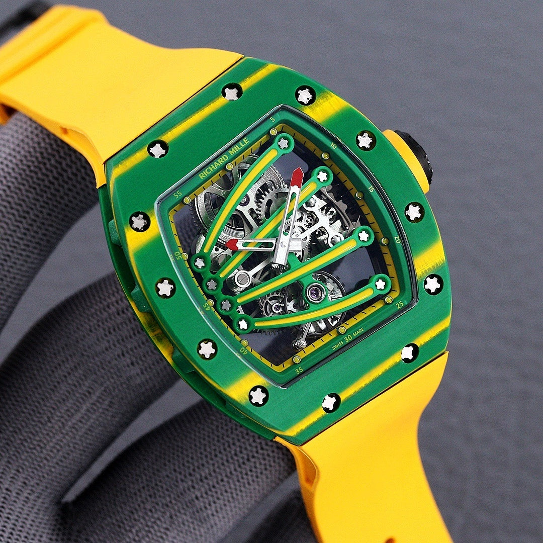 Richard Mille skeleton watch with green case, yellow accents, exposed gears, yellow strap