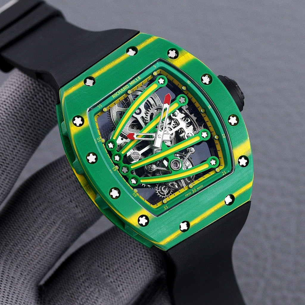 Richard Mille skeleton watch with green case, yellow trim, exposed gears, black strap view