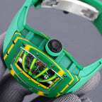 Richard Mille watch back with green strap, visible movement parts and circular rotor