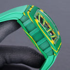 Richard Mille watch side profile with green bracelet and yellow-trimmed case detail