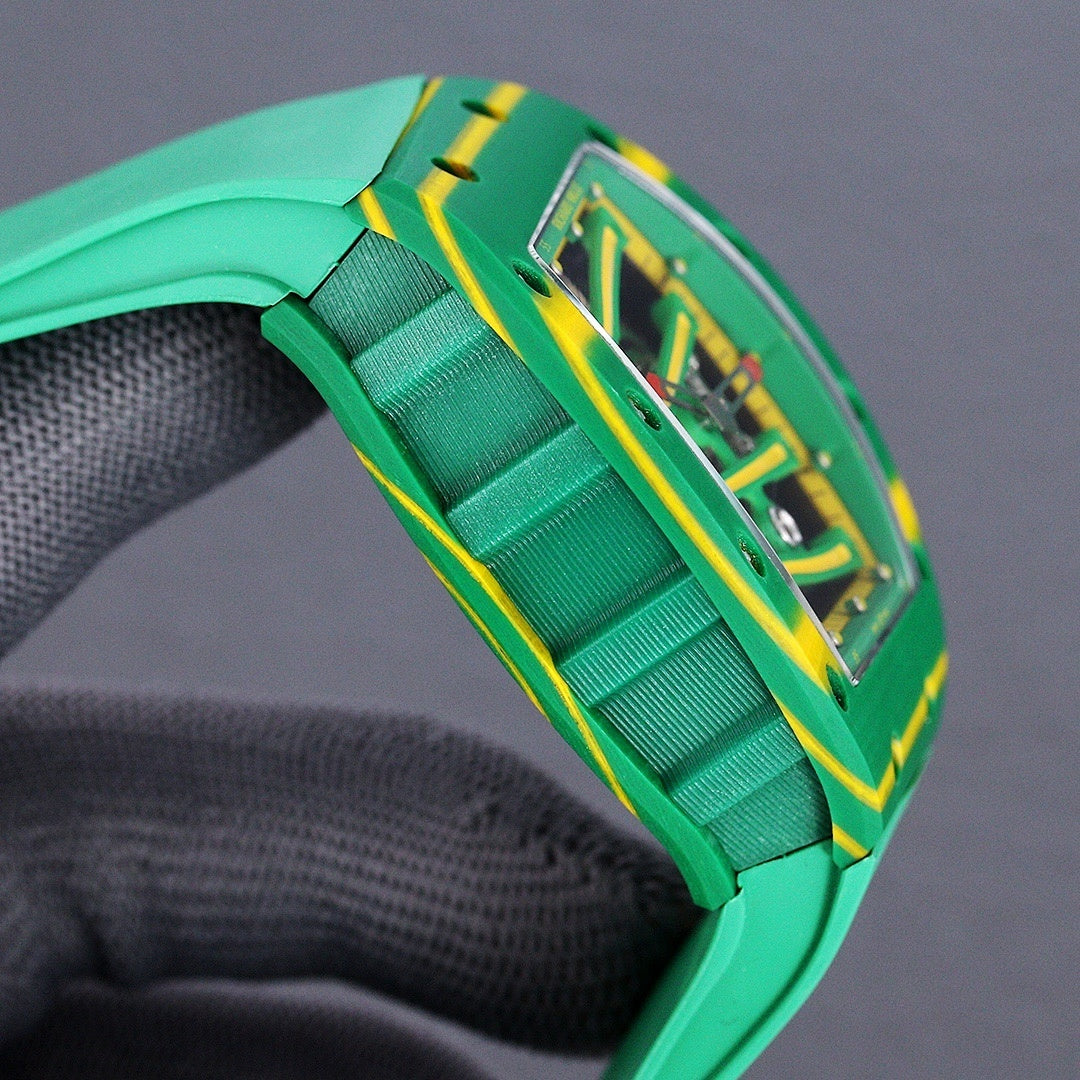 Richard Mille watch side profile with green bracelet and yellow-trimmed case detail