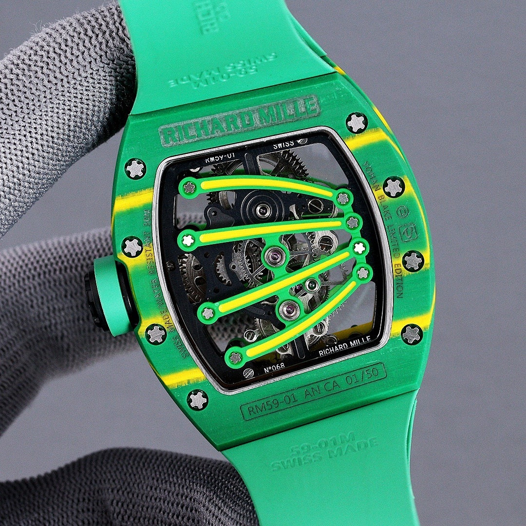 Richard Mille watch back with green case and yellow accents, skeleton movement and markings