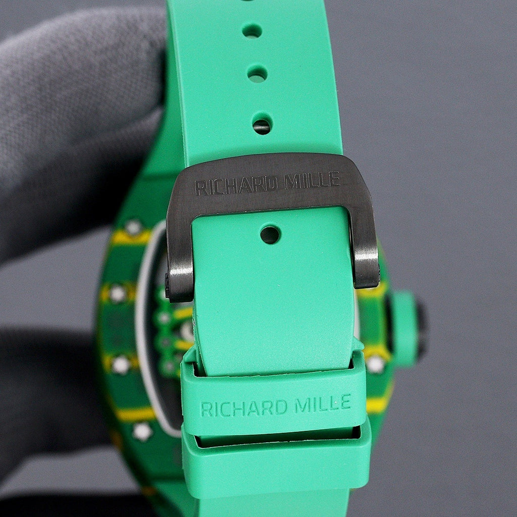 Richard Mille green rubber strap with metal buckle and Richard Mille branding