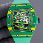 Richard Mille skeleton watch front with green case, yellow accents, open-work dial