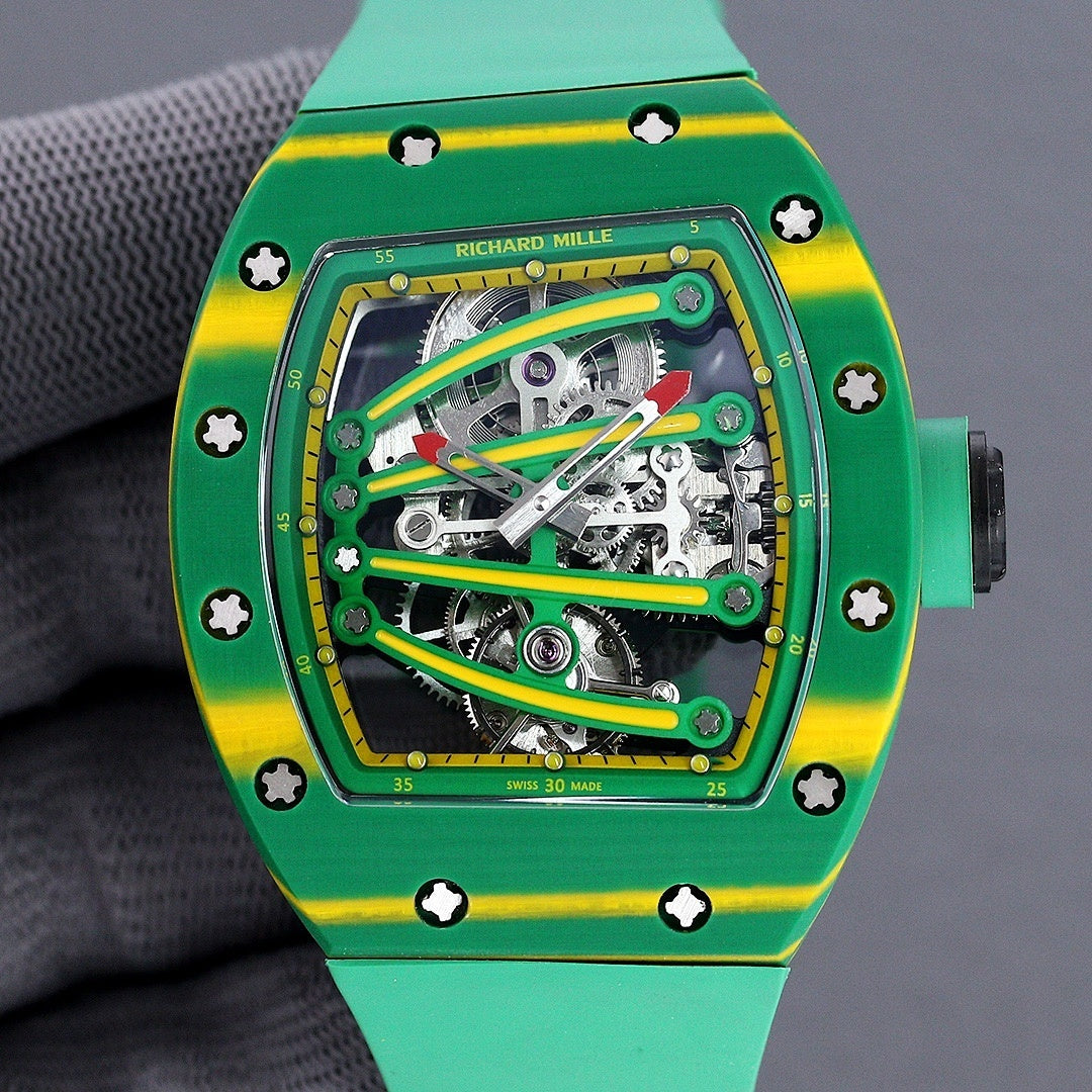 Richard Mille skeleton watch front with green case, yellow accents, open-work dial
