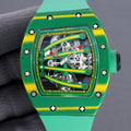 Richard Mille skeleton watch with green case and yellow accents, see-through dial