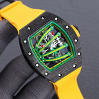 Skeleton watch with green dial and yellow rubber strap, black textured case with star screws