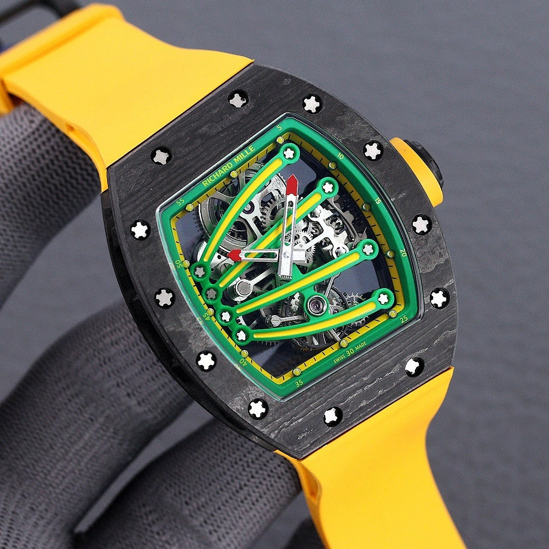 Skeleton watch with green dial and yellow rubber strap, black textured case with star screws