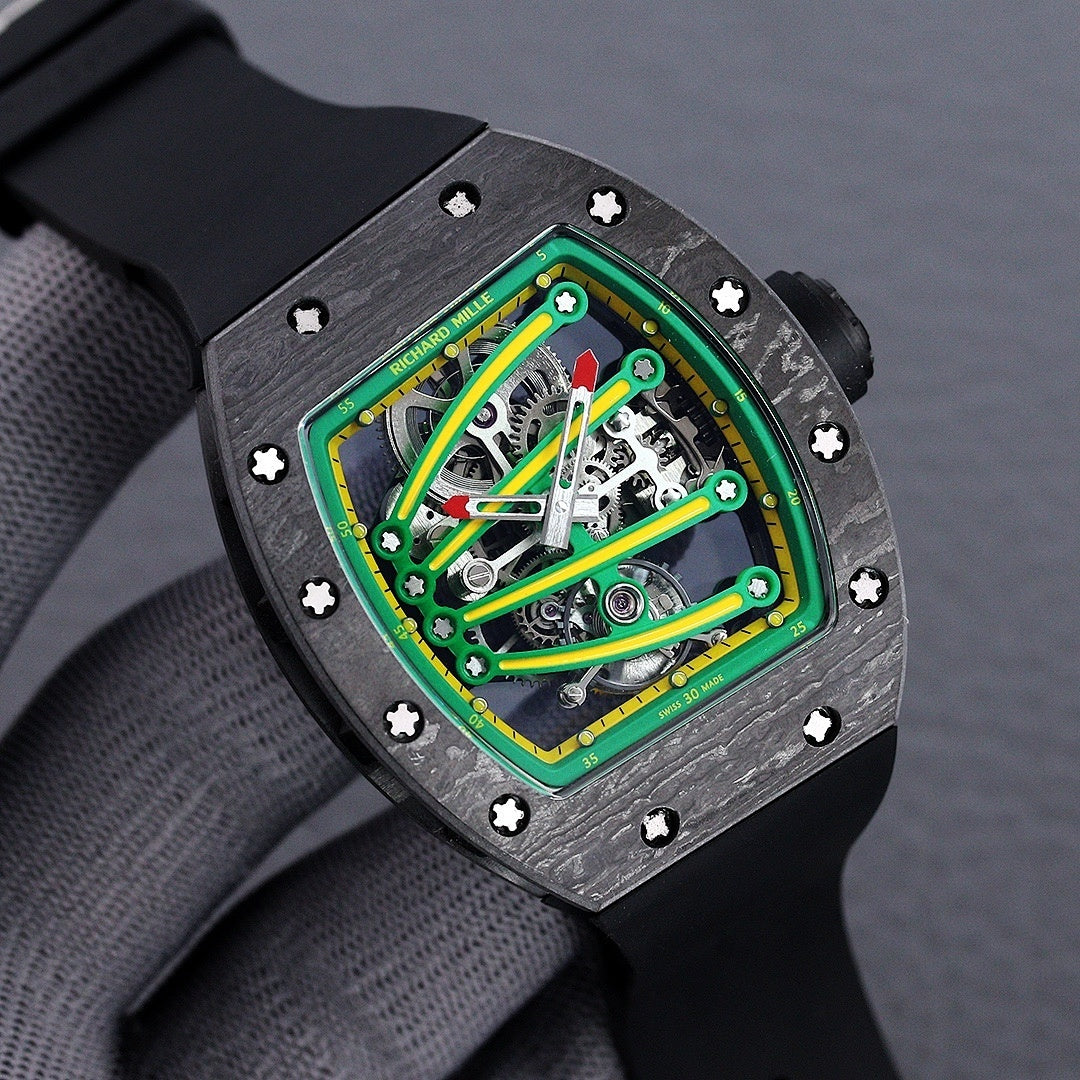 Skeleton watch with green dial and black rubber strap, black textured case with star screws