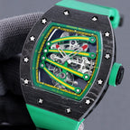Skeleton watch with green dial and green rubber strap, black textured case with star screws