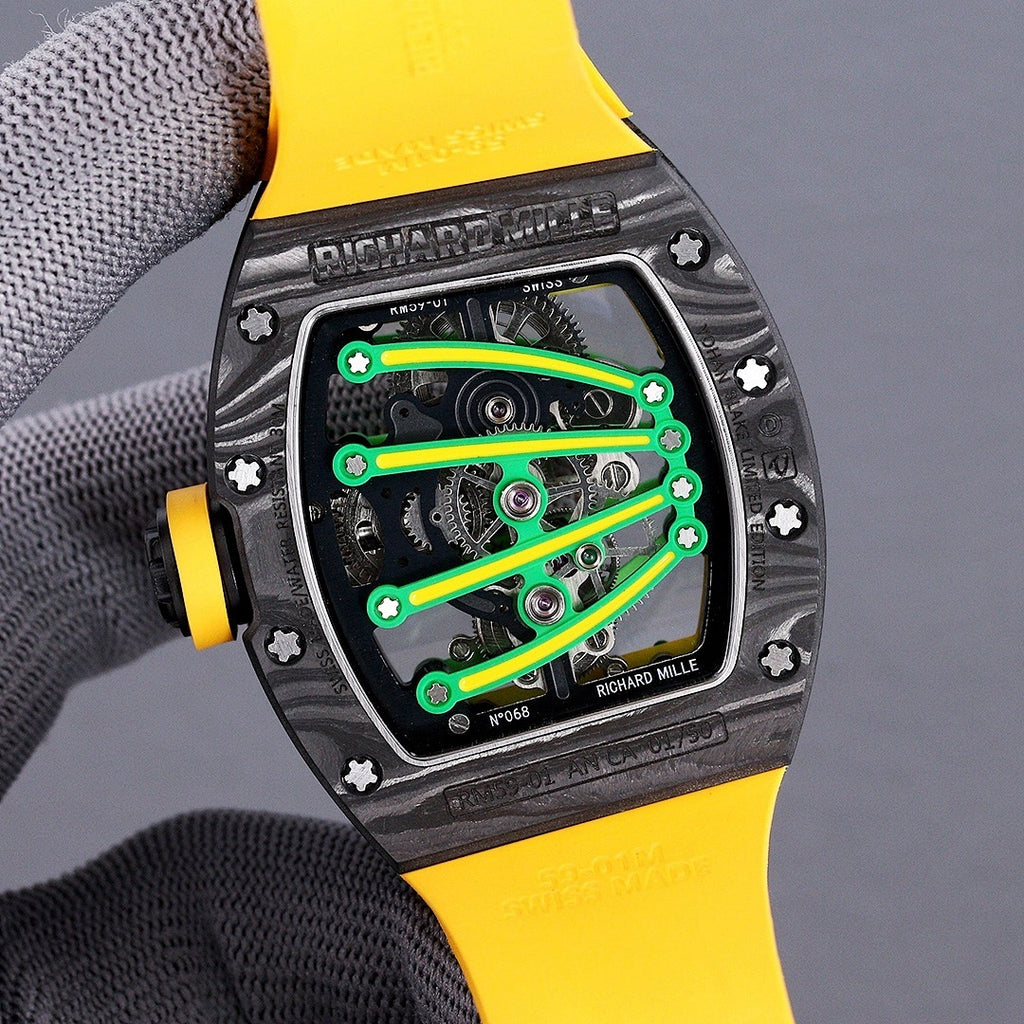 Skeleton watch with green dial and yellow rubber strap, black textured case with star screws