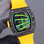 Skeleton watch with green dial and yellow rubber strap, black textured case with star screws