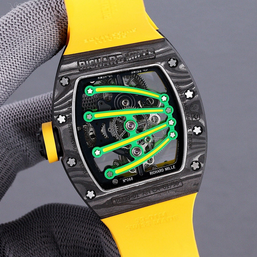 Skeleton watch with green dial and yellow rubber strap, black textured case with star screws