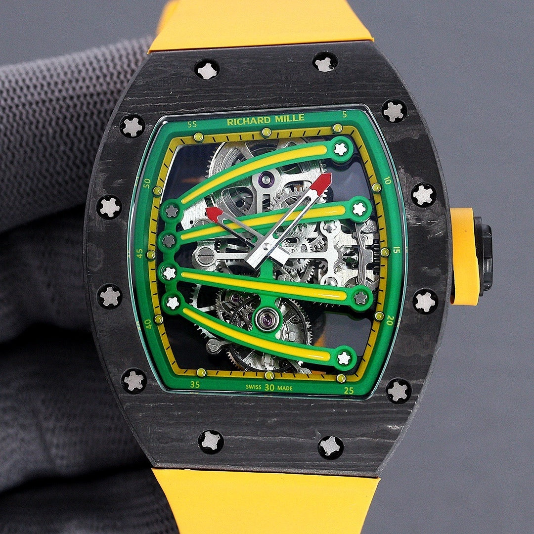 Skeleton watch with green dial, yellow rubber strap, black case with star screws