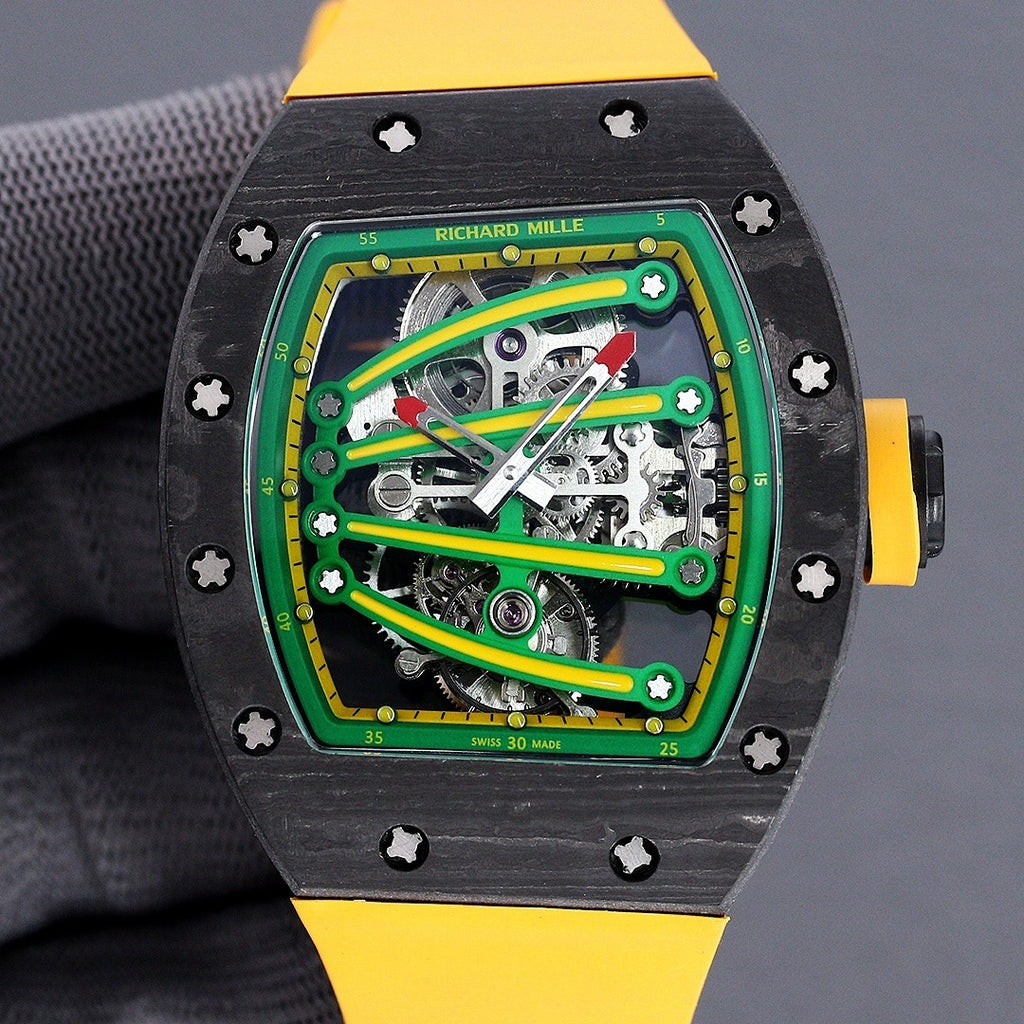 Skeleton watch with green dial, yellow rubber strap, black case with star screws