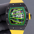 Skeleton watch with green dial, yellow rubber strap, black case with star screws