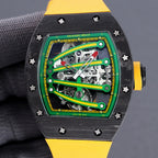 Skeleton watch with green dial, yellow rubber strap, black case with star screws