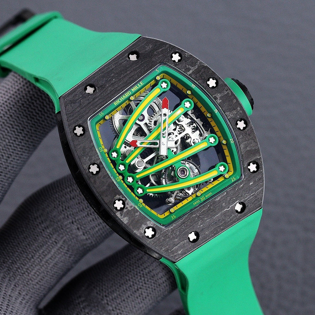 Skeleton watch with green dial and green rubber strap, black textured case with star screws