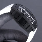 Richard Mille watch close-up of black strap texture and dark bezel edge