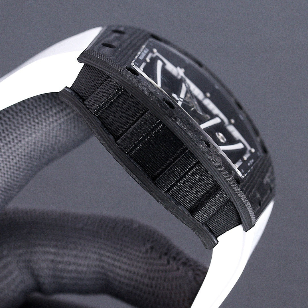 Richard Mille watch close-up of black strap texture and dark bezel edge