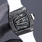 Richard Mille watch angled view of dial, dark case, white rubber strap and bezel screws