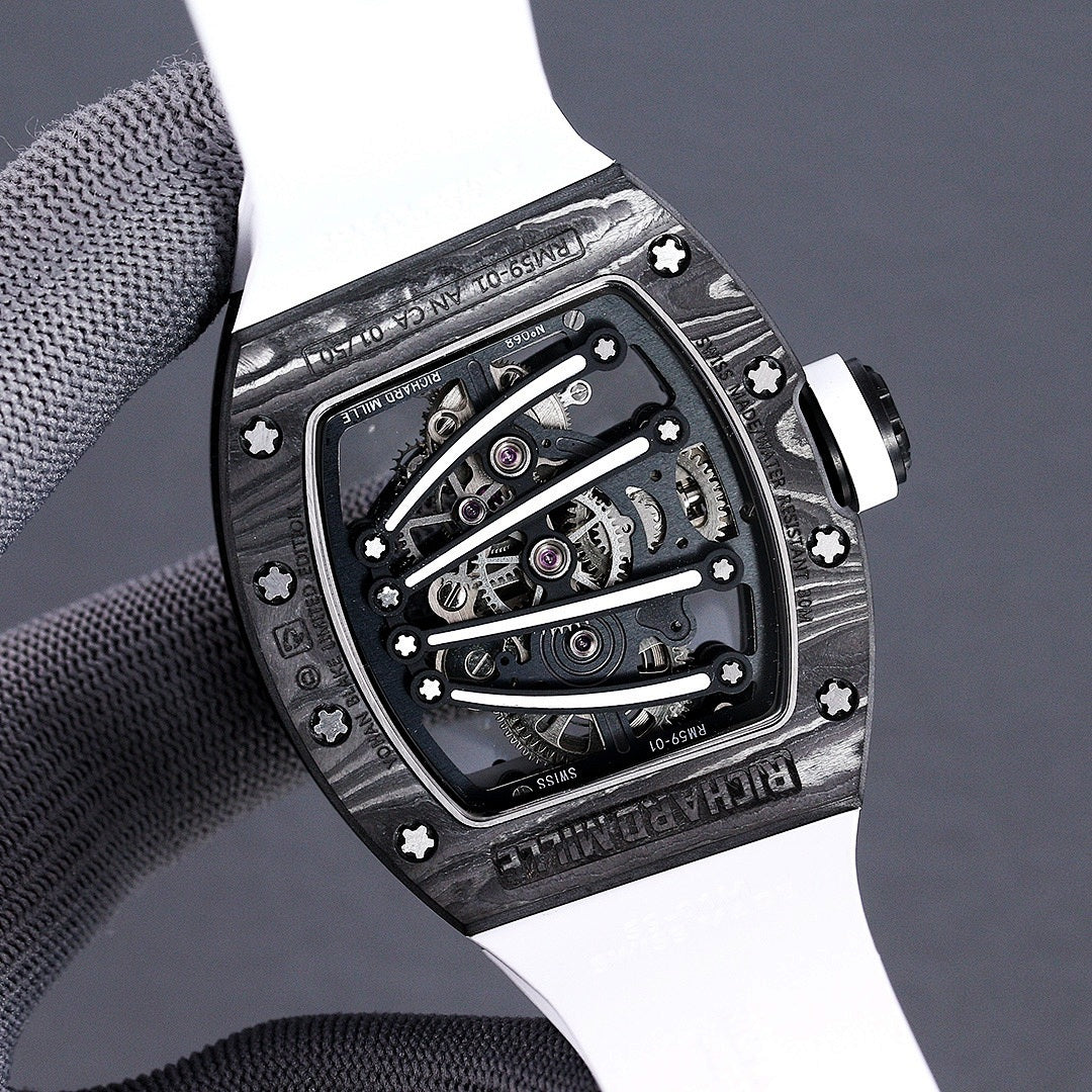 Richard Mille watch angled view of dial, dark case, white rubber strap and bezel screws