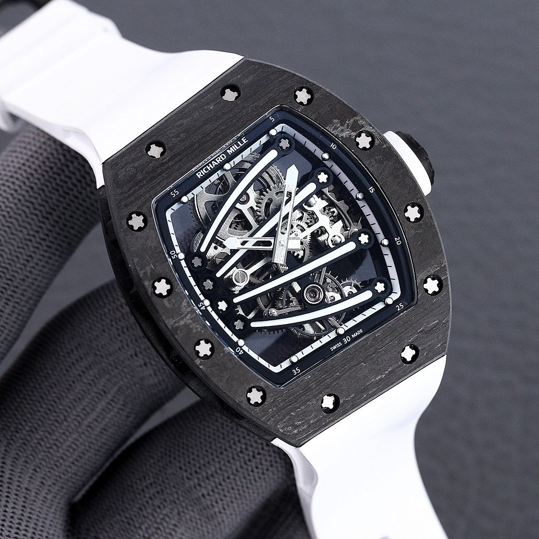 Richard Mille watch angled view, skeleton dial with exposed gears, dark case, white strap