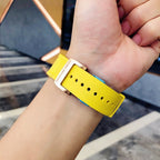 Richard Mille watch strap view with yellow silicone band and pin buckle
