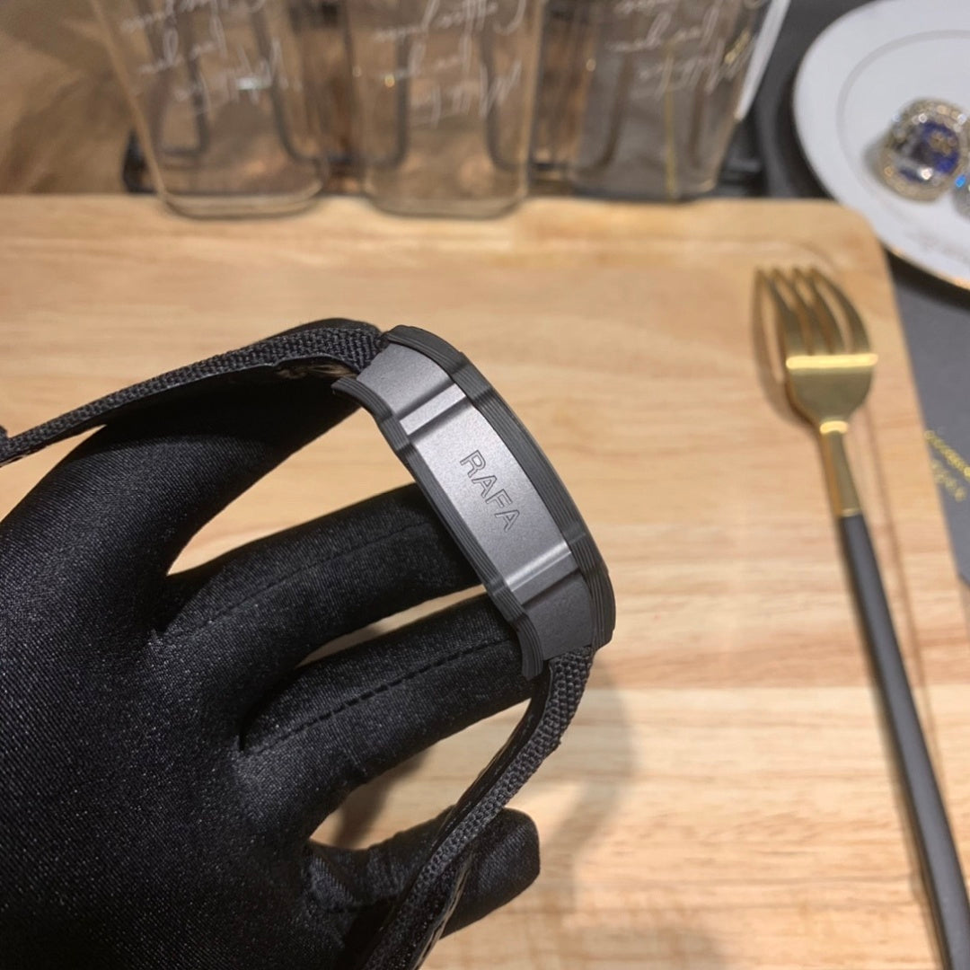 Richard Mille watch strap view with black leather band and metal buckle