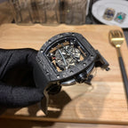 Richard Mille skeleton watch side view with black textured case and crown detail