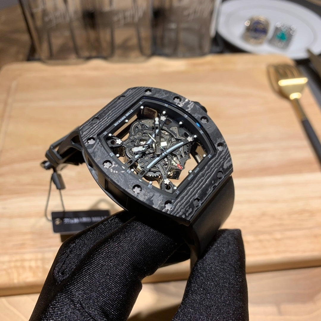 Richard Mille skeleton watch rear view with black case and visible internal components