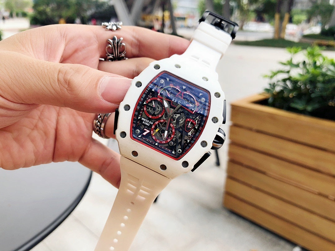 Richard Mille watch close-up, white case and strap with skeleton dial and screws