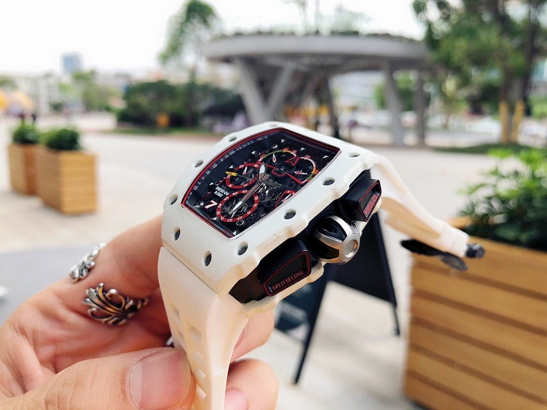 Richard Mille watch angled view, white case and strap with black clasp