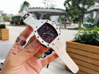 Richard Mille watch in white with skeleton dial and strap, side crown detail