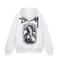 Stussy graphic sweatshirt, white long-sleeve pullover with front portrait print