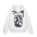 Stussy graphic sweatshirt, white long-sleeve pullover with front portrait print