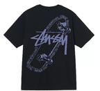 Black Stussy T-shirt with blue and gray skateboard graphic print on front