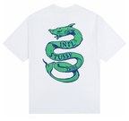 White T-shirt with green snake graphic and INTL STUSSY TRIBE lettering