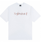 White crew-neck T-shirt with red Stussy-style logo lettering on chest