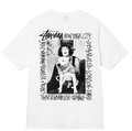 White T-shirt with front graphic of woman and dog, Stussy-style text print
