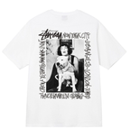 White T-shirt with front graphic of woman and dog, Stussy-style text print