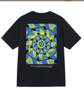 Black Stussy T-shirt with colorful swirl graphic and black droplet motifs