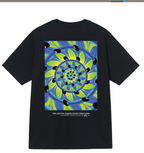 Black Stussy T-shirt with colorful swirl graphic and black droplet motifs