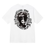 White T-shirt with black circular face graphic and city word text