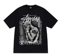 Black crewneck T-shirt with large front graphic of a face and Stussy logo