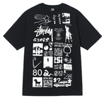 Black crewneck T-shirt with Stussy-style collage graphic print