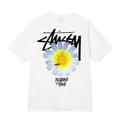 White Stussy graphic T-shirt with blue-yellow flower front print